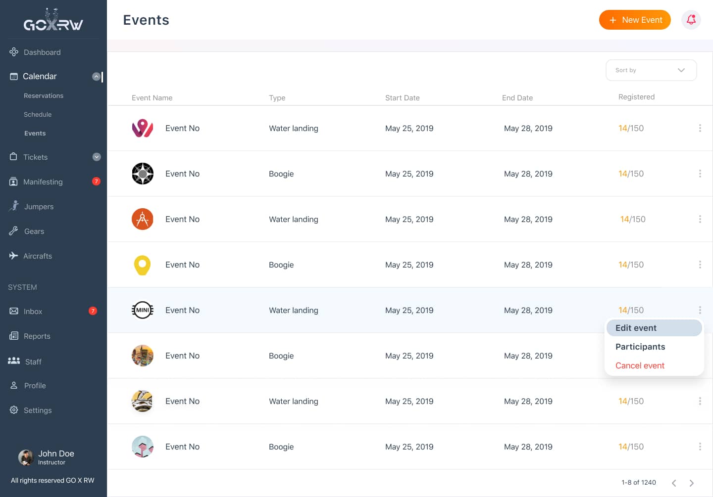 Calendar and events view